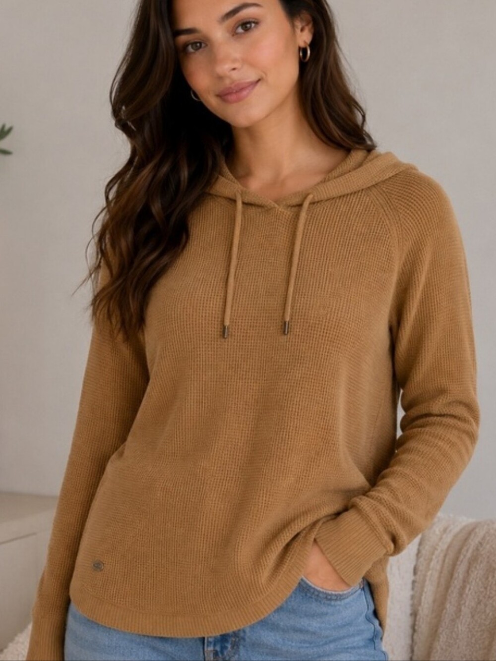 Lauren Ralph Lauren Waffle Knit Hoodie Embroidered Logo Casual Pullover Size S